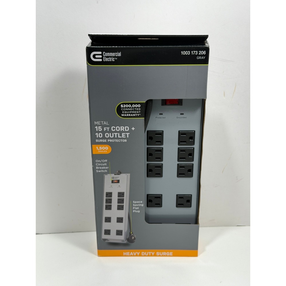 Commercial Electric 10 Outlet Metal Surge Protector 15 ft Cord 1500 Joules Gray‎